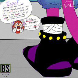 anthro arm_wraps big_muscles big_pecs bodily_fluids bottomwear clothing crying duo footwear heart_symbol male muscular muscular_male oversized_bottomwear oversized_clothing oversized_pants pants partially_offscreen_character pecs shoes speech_bubble stubble stuck sweat sweatdrop tears tears_of_joy text through_wall tuft wraps bacon_sama sega sonic_the_hedgehog_(series) espio_the_chameleon knuckles_the_echidna chameleon echidna lizard mammal monotreme reptile scalie 1:1 english_text hi_res