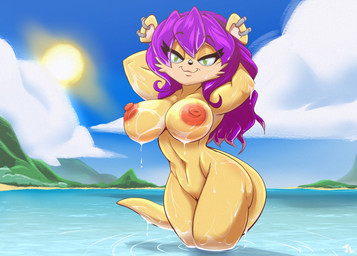 anthro arched_back areola bangs beach big_breasts blue_sky breasts cloud curvy_figure ear_piercing ear_ring erect_nipples eyebrow_through_hair eyebrows female genitals green_eyes hair half-closed_eyes hands_behind_head hourglass_figure innie_vulva legs_in_water mountain narrowed_eyes navel nipple_dip nipples nude partially_submerged piercing pose purple_hair ring_piercing sea seaside sky smile solo submerged_legs sun tasteful_nudity thick_thighs three-quarter_view translucent translucent_hair vulva water water_ripple wet wide_hipped_anthro wide_hipped_female wide_hips joelasko archie_comics sega sonic_the_hedgehog_(archie) sonic_the_hedgehog_(comics) sonic_the_hedgehog_(series) mina_mongoose herpestid mammal mongoose hi_res pinup