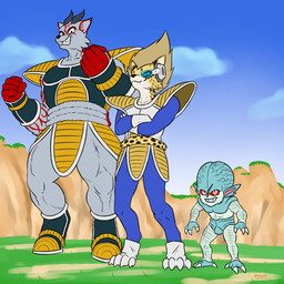 anthro armor clothed clothing costume female group halloween_costume holidays looking_at_viewer male male/female muscular smug smug_grin trio dawnlux dragon_ball dragon_ball_z halloween nappa vegeta canid canine cheetah felid feline fox mammal saibamen 1:1 hi_res