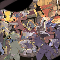 alcohol anal anthro barefoot barrel beer beverage blush bodily_fluids breasts butt clothed clothing cum dancing drooling drunk embarrassed eyes_closed feet female genital_fluids grin group happy high-angle_view inside leaking_cum lying_on_table male male/male male_penetrated male_penetrating male_penetrating_male nervous nipples nude nude_female open_mouth penetration plate pole pole_dancing saliva sex smile substance_intoxication tail tongue tongue_out topless topless_male wanted_poster moesouna_gomi nintendo pokemon ancient_pokemon apex_build_koraidon charmeleon future_pokemon garchomp generation_1_pokemon generation_2_pokemon generation_3_pokemon generation_4_pokemon generation_6_pokemon generation_7_pokemon generation_9_pokemon grovyle hawlucha koraidon legendary_pokemon luxray miraidon paradox_pokemon pokemon_(species) salazzle typhlosion ultimate_mode_miraidon zeraora 1:1 2026 character_request hi_res japanese_description