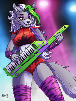 anthro arm_warmers armwear black_nose blue_body blue_fur bottomwear bracelet breasts clothed clothed_anthro clothed_female clothing collar countershade_face countershade_legs countershade_thighs countershading crop_top ear_piercing ear_ring ear_stud fangs female fur green_highlights green_keytar grey_body grey_fur grey_hair hair highlights_(coloring) jewelry keyboard_instrument keytar leg_warmers legwear lipstick makeup musical_instrument pattern_arm_warmers pattern_armwear pattern_clothing pattern_leg_warmers pattern_legwear piercing purple_arm_warmers purple_armwear purple_clothing purple_leg_warmers purple_legwear purple_lipstick red_bottomwear red_clothing red_crop_top red_shirt red_topwear ring_piercing shirt solo spiked_bracelet spiked_collar spikes striped_arm_warmers striped_armwear striped_clothing striped_leg_warmers striped_legwear stripes teeth tiger_print_arm_warmers tiger_print_leg_warmers tongue topwear yellow_eyes heresy_(artist) five_nights_at_freddy's five_nights_at_freddy's:_security_breach scottgames steel_wool_studios roxanne_wolf canid canine canis mammal wolf 2025 3:4 digital_media_(artwork) hi_res