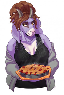 anthro big_breasts biped black_bottomwear black_clothing black_topwear bottomwear bra breasts brown_body brown_hair brown_markings cleavage clothed clothing collarbone dessert dreadlocks ear_piercing eye_markings eyelashes facial_markings female floppy_ears food frilly front_view grey_clothing grey_horn grey_topwear hair half-closed_eyes handwear head_markings holding_food holding_object horizontal_pupils horn jacket looking_away markings midriff multicolored_body muzzle_(marking) narrowed_eyes open_clothing open_jacket open_topwear oven_mitts pastry pie piercing pink_nose ponytail pupils purple_body ridged_horn short_hair shorts simple_background smile snout snout_markings solo standing steam topwear underwear white_background white_body white_markings yellow_eyes polartoons icky_(chewycuticle) bovid caprine goat mammal 2017 digital_drawing_(artwork) digital_media_(artwork) half-length_portrait hi_res portrait