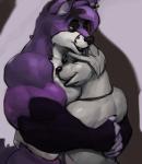 anthro duo ear_piercing eyes_closed fur hair hug male male/male muscular muscular_male nude open_mouth piercing purple_body purple_fur simple_background size_difference smile white_body white_fur rowf shyloc canid canine fox mammal absurd_res hi_res