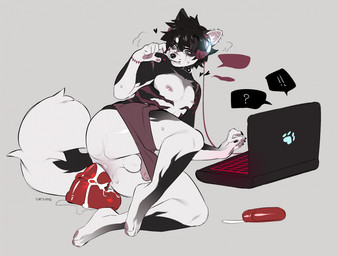 anal anal_penetration animal_dildo animal_sex_toy anthro anthro_penetrated backsack balls big_butt big_dildo black_body bottomwear bottomwear_down butt clothed clothing collar computer dildo dildo_in_ass dildo_insertion dildo_sitting electronics equine_dildo femboy genitals grey_background headphones laptop lube lube_bottle male male_penetrated masturbation nipple_piercing nipples object_in_ass partially_clothed penetration penis piercing sex_toy sex_toy_in_ass sex_toy_insertion shorts shorts_down simple_background solo stretched_anus submissive submissive_anthro submissive_male tail thick_thighs toying_self white_body wide_hips catzino canid canine mammal
