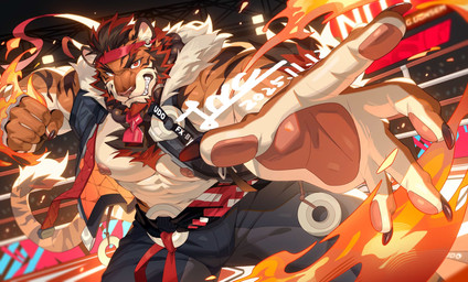 abs accessory anthro arena beard black_claws black_hair black_sash blue_bottomwear blue_clothing blue_pants blue_topwear blue_vest bottomwear brass_knuckles claws clenched_teeth clothing elemental_manipulation facial_hair fighting_ring finger_claws fire fire_manipulation fist fur fur_lined_clothing fur_lined_vest hair headband highlights_(coloring) male melee_weapon muscular muscular_anthro muscular_male orange_body orange_fur pants pawpads pecs red_eyes red_headband red_highlights solo teeth topwear vest weapon forgetch wintercat_(dainekokaito) felid mammal pantherine tiger 2025 dated hi_res