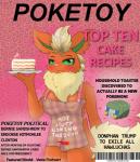 2016 anthro anthrofied apron blush breasts cake charjabug clothing cover dessert dunewulff eeveelution english_text female flareon food fur generation_1_pokemon generation_7_pokemon genitals green_eyes magazine_cover mammal nintendo orange_body orange_fur pokemon pokemon_(species) pokemorph pussy solo text