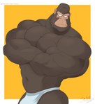 anthro barazoku big_muscles brown_body bulge clothed clothing crossed_arms huge_muscles male muscular muscular_anthro muscular_male navel pecs simple_background solo underwear jabuhusky odd_taxi ayumu_gouriki_(odd_taxi) ape gorilla haplorhine mammal primate 2024 hi_res