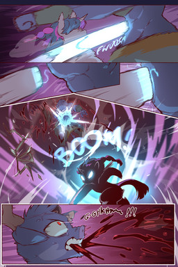anthro blood blood_from_mouth blood_in_mouth bodily_fluids braided_hair duo female fingers fur glowing glowing_eyes grey_body grey_fur hair hooves horn male motion_lines onomatopoeia punch purple_body purple_fur purple_hair red_eyes scar sound_effects sweat teeth text unicorn_horn cold-blooded-twilight european_mythology friendship_is_magic greek_mythology hasbro my_little_pony mythology twilight_sparkle_(mlp) bovid bovine equid equine mammal minotaur mythological_creature mythological_equine unicorn comic hi_res