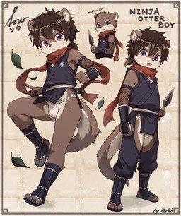 5_fingers 5_toes anthro asian_clothing balls_outline blue_eyes brown_body brown_fur brown_hair bulge clothing detailed_bulge duo east_asian_clothing fangs feet fingers fist footprint fundoshi fur genital_outline hair happy holding_kunai japanese_clothing leaf looking_at_viewer male melee_weapon ninja ninja_suit open_mouth pawpads pawprint serious sword sword_on_back tail tan_body tan_fur teeth text tied_hair toes tongue underwear warrior weapon white_clothing white_fundoshi white_underwear young young_anthro young_male kochi662368621 sou_(kochi662368621) mammal mustelid otter 2026 english_text hi_res japanese_description