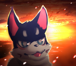 anthro blep blue_body blue_eyes blue_fur cheek_tuft cloud facial_tuft fur glistening glistening_eyes looking_at_viewer male narrowed_eyes pink_inner_ear pink_tongue pupils solo sunset tongue tongue_out tuft unsigned water white_body white_fur white_pupils papayafurry canid canine canis domestic_dog mammal bust_portrait hi_res portrait