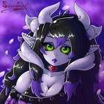 black_hair black_sclera breasts cherry_blossom cleavage clothed clothing eyeshadow fangs female flower green_eyes hair highlights_(coloring) horn light lips makeup moon pentagram_eyes petals plant prunus_(flower) purple_eyeshadow purple_highlights purple_lips queen royalty solo teeth sorrow2art asian_mythology east_asian_mythology japanese_mythology mythology halfmoon demon humanoid oni yokai hikari_(disambiguation) 1:1 hi_res herm_(lore)
