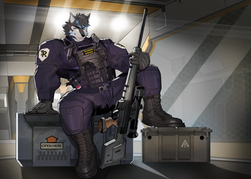 anthro bareback big_muscles big_pecs black_body black_fur black_nose blue_body blue_claws blue_fur claws clothing fingers fluffy fluffy_tail fur male muscular muscular_anthro muscular_male pecs solo tail text tuft underwear walking white_body white_fur yellow_eyes n-art thunderrangers archermagnum canid canine canis mammal wolf absurd_res digital_media_(artwork) english_text hi_res
