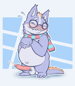 anthro balls belly blush bodily_fluids cum ejaculation eyes_closed eyewear fur genital_fluids genitals glasses head_tuft humanoid_genitalia humanoid_penis male navel outie_navel overbite penis purple_body purple_fur scarf sharp_teeth slightly_chubby solo sweat sweatdrop tail tail_tuft teeth tuft emenius gremlin mammal monster hi_res