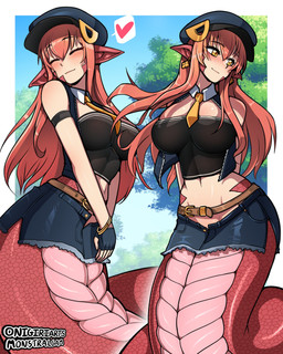 apode bandeau belt big_breasts black_bandeau black_clothing black_gloves black_handwear black_hat black_headwear black_topwear bottomwear breasts cleavage clothed clothing day eyes_closed female fingerless_gloves furgonomics glistening glistening_body gloves hair handwear hat headgear headwear heart_symbol humanoid_pointy_ears legless long_hair monster_girl_(genre) navel necktie orange_eyes outside plant pointy_ears pupils red_body red_ears red_hair red_scales scales serpentine shorts sky slit_pupils smile solo split_form standing topwear tree yellow_necktie monstralgam monster_musume miia_(monster_musume) draconcopode humanoid lamia reptile scalie snake 4:5 absurd_res hi_res