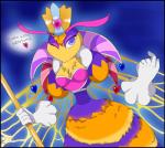 antennae_(anatomy) anthro blonde_hair breasts crown female flirting floating_hands fur hair headgear heart_symbol insect_wings non-mammal_breasts one_eye_closed purple_body purple_eyes purple_fur solo text wings yellow_body yellow_fur latiro kirby_(series) nintendo queen_sectonia arthropod bee hymenopteran insect english_text