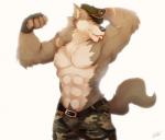 abs anthro athletic belt biceps big_muscles biped black_nose bottomwear brown_body brown_eyes brown_fur bulge camo chest_tuft clothed clothing flexing fur gloves handwear hat headgear headwear licking looking_at_viewer male muscular muscular_anthro muscular_male pants pecs pose simple_background solo standing tan_body tan_fur tongue tongue_out topless tuft white_background vetrowolf canid canine canis mammal wolf pinup