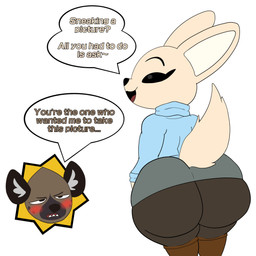anthro big_butt black_eyes blue_clothing blue_sweater blue_topwear blush blush_lines boots bottomwear butt butt_focus clothed clothing dialogue duo female floating_head footwear fur looking_back male open_mouth rear_view shoes simple_background skirt smug speech_bubble sweater tail text topwear true white_background wide_hips zxenvy aggretsuko sanrio fenneko haida_(aggretsuko) canid canine fennec_fox fox hyena mammal spotted_hyena true_fox 1:1 2026 absurd_res english_text flat_colors hi_res