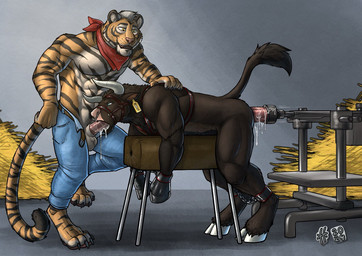 abs anal anal_penetration ankles_tied anthro anthro_on_anthro anthro_penetrated anthro_penetrating anthro_penetrating_anthro balls bdsm black_harness blue_eyes bodily_fluids bondage bound brown_body brown_fur clothed clothing cum cum_in_mouth cum_inside cum_string dildo dildo_in_ass dildo_insertion duo ear_piercing ear_tag facial_markings facial_piercing fucking_machine fur genital_fluids genitals green_eyes grey_hair hair hands_tied harness hay head_markings heterochromia hooves machine male male/male male_anthro male_penetrated male_penetrating male_penetrating_male markings motion_lines muscular muscular_anthro muscular_male nose_piercing nose_ring nude object_in_ass orange_body orange_eyes orange_fur pecs penetration penis penis_in_mouth piercing pink_nose pink_penis red_penis ring_piercing septum_piercing septum_ring sex sex_toy sex_toy_in_ass sex_toy_insertion short_hair side_view standing striped_arms striped_body striped_face striped_fur striped_markings striped_tail stripes tail tail_markings tail_tuft topless tuft white_balls white_body white_fur white_hooves hufnaar mykyta_(fenrir_garou) bovid bovine cattle felid mammal pantherine tiger 2024 dated