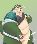 anthro belly big_belly blush bodily_fluids clothed clothing cum ejaculation genital_fluids green_body humanoid_hands kemono male masturbation moobs nipples overweight overweight_male raised_clothing raised_shirt raised_topwear shirt simple_background solo topwear tolsche lifewonders live_a_hero mokdai canid canine canis domestic_dog mammal 2024 censored hi_res