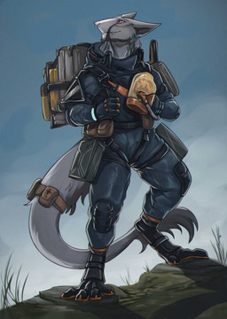 accessory anthro backpack bag biped black_body black_fur clothing duo facial_piercing footwear fur furgonomic_footwear furgonomics grey_body grey_fur jacket lip_piercing male multicolored_body multicolored_fur nose_piercing nose_ring orange_eyes piercing ring_piercing smile standing tail tail_accessory tail_bag topwear creepy_gun death_stranding sergal 2026 digital_media_(artwork) hi_res