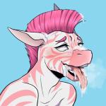 ahegao anthro blue_background blue_eyes blush bodily_fluids crying cum cum_drip cum_in_hair cum_on_ear cum_on_face cum_on_muzzle cum_on_tongue dripping fucked_silly fur genital_fluids hair looking_pleasured male mohawk nude open_mouth pink_body pink_fur pink_hair simple_background smile solo stripes sweat tears teeth tongue tongue_out white_body white_fur ehbear twig_(umbra) equid equine mammal zebra 1:1 2016 digital_media_(artwork) hi_res