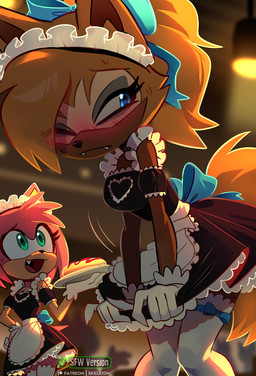 anthro blonde_hair blush breasts clothing duo embarrassed female fur hair legwear maid_uniform one_eye_closed pink_body pink_fur pink_hair stockings tan_body tan_fur uniform skeleion idw_publishing sega sonic_the_hedgehog_(comics) sonic_the_hedgehog_(idw) sonic_the_hedgehog_(series) amy_rose whisper_the_wolf canid canine canis eulipotyphlan hedgehog mammal wolf hi_res