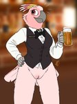 alcohol anthro bar bartender beer beer_mug beverage bottomless bottomless_anthro bottomless_female bow_tie casual_exposure clothed clothing confident dress_shirt exhibitionism female genitals hand_on_hip holding_object name_tag pussy shirt solo topwear vest fish_birb jenny_(fish_birb) avian bird cockatoo major_mitchell's_cockatoo parrot absurd_res hi_res