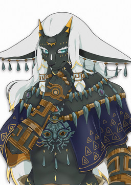 3_eyes 5_fingers accessory anthro armlet big_ears biped black_inner_ear black_nose blonde_hair blonde_highlights blue_clothing blue_eyes blue_topwear bottomwear chin_tuft clothed clothing digit_ring ear_piercing eye_markings eyelashes facial_tuft fingers front_view fully_clothed fur grey_body grey_fur grey_pupils hair hair_accessory handwear highlights_(coloring) horn humanoid_hands jewelry kemono long_hair looking_at_viewer male markings midriff multi_eye multicolored_body multicolored_fur multicolored_hair necklace piercing pigtails pupils ring short_snout simple_background snout soft_abs solo standing topwear tuft two_tone_body two_tone_fur two_tone_hair white_background white_body white_ears white_eyelashes white_fur white_hair yellow_horn ao_gravity nintendo tears_of_the_kingdom the_legend_of_zelda rauru_(tears_of_the_kingdom) lagomorph mammal zonai 2023 absurd_res colored digital_media_(artwork) half-length_portrait hi_res portrait shaded