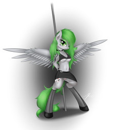 anthro anthrofied bodily_fluids bottomwear breasts clothed clothing collar cutie_mark feathered_wings feathers female genital_fluids genitals green_eyes green_hair hair looking_at_viewer nipples no_underwear pole skirt solo tail under_boob vaginal_fluids vulva wings wreky hasbro my_little_pony mythology fan_character equid equine mammal mythological_creature mythological_equine pegasus 1:1 2012 hi_res signature