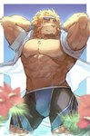 abs anthro biceps bottomwear brown_hair clothed clothing flower fur hair looking_at_viewer male muscular muscular_anthro muscular_male nipples open_clothing open_shirt open_topwear orange_eyes pecs plant pose shirt shorts solo standing topwear wet yellow_body yellow_fur biri vtuber ninomiya_kinji felid lion mammal pantherine hi_res