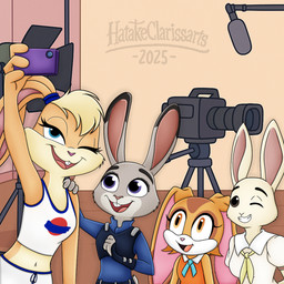 anthro buckteeth camera cellphone clothed clothed_female clothing electronics female group hand_on_shoulder one_eye_closed open_mouth open_smile phone smartphone smile taking_picture taking_selfie teeth text tune_squad_outfit tune_squad_outfit_(1996) wink hatakeclarissarts beastars disney looney_tunes sega sonic_the_hedgehog_(series) sonic_x warner_brothers zootopia cream_the_rabbit haru_(beastars) judy_hopps lola_bunny domestic_rabbit dwarf_rabbit european_rabbit lagomorph leporid mammal netherland_dwarf_rabbit oryctolagus rabbit 1:1 2025 artist_name signature