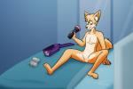 3:2 anthro bed canid canine confusion english_text featureless_crotch fur furniture jasentamiia male mammal nude on_bed orange_body orange_fur penetrable_sex_toy sex_toy solo text white_body white_fur