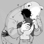 anthro bottomwear clothing duo ear_piercing ear_ring heart_symbol hug humanoid_hands male overweight pants piercing ring_piercing shirt simple_background size_difference tattoo topwear nekokat42 one_piece bepo_(one_piece) trafalgar_law bear human mammal minkmen_(one_piece) polar_bear ursine 2024 monochrome