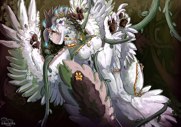3_claws anthro anus bra_lift breasts claws eyewear feathers female genitals glasses jewelry leg_wrap legs_up looking_at_viewer paws plant pose solo tail thick_tail vines vulva wearing_glasses wings hollyvardia hollyvardia_(character) dinosaur dromaeosaurid feathered_dinosaur feathered_scalie prehistoric_species reptile saurischian scalie theropod absurd_res hi_res pinup