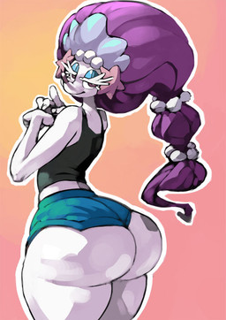 accessory anthro anthrofied bedroom_eyes big_butt big_hair biped blue_eyelids bottom_heavy bottomwear breasts brown_eyes butt butt_focus clothed clothing dolphin_shorts eyelashes female gesture gradient_background hair hair_accessory hair_tie hand_gesture hotpants huge_butt lidded_eyes long_hair looking_at_viewer looking_back looking_back_at_viewer narrowed_eyes outline pointing pointing_at_viewer pokemorph purple_hair rear_view seductive shirt shorts simple_background small_breasts smile solo standing tank_top thick_eyelashes thick_thighs topwear white_body white_outline wide_hips bittenhard nintendo pokemon aquatic generation_7_pokemon mammal pinniped pokemon_(species) primarina 2025 digital_media_(artwork) portrait three-quarter_portrait