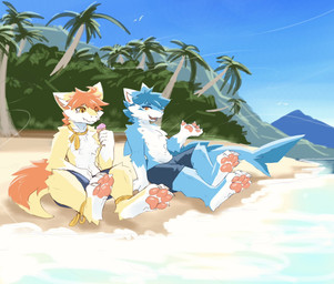 4_toes anthro beach claws clothed clothing digitigrade duo feet foot_focus fur male male/male outside pawpads swimming_trunks swimwear toe_claws toes topless topless_anthro topless_male riika_gg mythology kutto dragon furred_dragon furred_scalie mythological_creature mythological_scalie scalie hi_res