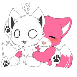 ambiguous_gender anthro black_inner_ear blush chest_tuft duo eyes_closed fur hug hugging_another hugging_from_behind interrobang open_mouth pawpads pink_body pink_fur simple_background surprised tentacles tuft white_background white_body white_fur white_inner_ear wide_eyed chano changed_(video_game) 6_ni_(character) squid_dog_(changed) aquatic canid canine canis cephalopod coleoid decapodiform hybrid mammal mollusk 1:1