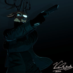 aiming_weapon anthro blood blood_on_face bodily_fluids bottomwear broken_glasses clothing coat eyewear fighting_pose glasses gloves gun handgun handwear leotard male pants pistol pose ranged_weapon shirt solo standing topwear weapon vermilionrenderworks enticia_(modeler) beastars louis_(beastars) cervine deer mammal red_deer 1:1 cel_shading hi_res shaded signature