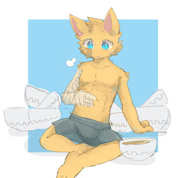 anthro arm_tuft bandage bandaged_arm blue_background blue_bottomwear blue_clothing blue_eyes blue_shorts bottomwear bowl clothed clothing container emanata facial_tuft fur male male_anthro pink_inner_ear shorts shoulder_tuft simple_background sitting solo topless topless_anthro topless_male tuft white_background yellow_body yellow_fur regcron canid canine mammal 1:1 hi_res