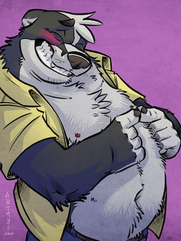 anthro belly blush bottomwear clothed clothing eyes_closed humanoid_hands male navel nipples open_clothing open_shirt open_topwear overweight overweight_male pants shirt solo standing topwear k-9 badger mammal mustelid musteline 2026 hi_res