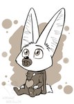 anthro baby black_nose clothed clothing costume detailed_background fully_clothed glistening glistening_eyes long_ears male onesie pacifier sitting solo young young_anthro adriano_berjillos disney zootopia finnick_(zootopia) canid canine fennec_fox fox mammal true_fox monochrome signature adult_(lore)