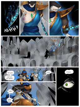 anthro big_breasts breasts dialogue female gold_(metal) green_eyes group magic_user melee_weapon multicolored_body pink_eyes shield silhouetted_body size_difference speech_bubble sword text tombstone trio two_tone_body weapon tyunre zephyr_ombrelune bovid canid caprine felid mammal 3:4 comic english_text hi_res