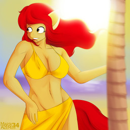 5_fingers amber_eyes anthro anthrofied beach big_breasts bikini biped breasts cleavage clothed clothing day eyebrows eyelashes female fingers hair long_hair looking_away midriff navel nipple_outline outside palm_tree plant red_hair sand sea seaside solo standing sun swimwear text tight_clothing tree two-piece_swimsuit water marik_azemus34 friendship_is_magic hasbro my_little_pony apple_bloom_(mlp) earth_pony equid equine horse mammal pony 1:1 2013 hi_res