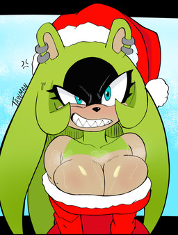 anthro big_breasts breasts christmas_clothing cleavage clothed clothing embarrased_horny embarrassed female holidays huge_breasts tawman_art christmas idw_publishing sega sonic_the_hedgehog_(comics) sonic_the_hedgehog_(idw) sonic_the_hedgehog_(series) surge_the_tenrec absurd_res hi_res
