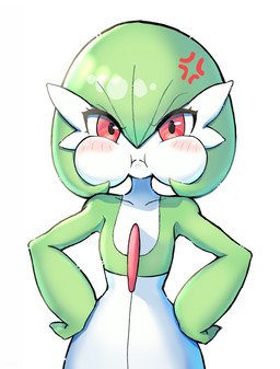 ambiguous_gender angry blush blush_lines cross-popping_vein eyelashes green_pseudo_hair hands_on_legs hands_on_thighs looking_at_viewer pseudo_hair puffed_cheeks red_eyes simple_background solo white_body sublender1234 nintendo pokemon gardevoir generation_3_pokemon humanoid pokemon_(species) 2026 hi_res