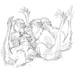 claws crouching feathers feral group looking_aside open_mouth sitting tail tail_tuft tuft mick39 dinosaur dromaeosaurid prehistoric_species reptile scalie theropod 2009 sketch