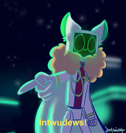 :3 >:3 ambiguous_gender angry anthro anthrofied big_ears big_eyes bottomless cape clothed clothing dialogue exclamation_point featureless_crotch fist for_a_head fur gesture green_body green_ears green_eyes green_fur hand_gesture jacket looking_at_viewer machine multicolored_body multicolored_ears multicolored_fur night owo pointing red_clothing red_sweater red_topwear screen screen_face smile solo standing star sweater text topwear white_body white_ears white_fur just-here2draw no_straight_roads neon_j. domestic_cat felid feline felis mammal object_head robot screen_head 2020 english_text