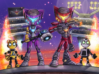 anthro arena armor audience bangs blue_eyes detailed_background ear_piercing eyewear female fur glowing goggles green_eyes group hammer machine male male/female piercing purple_armor red_armor robotic_arm tools weapon wrench viwhi_art ratchet_and_clank sony_corporation sony_interactive_entertainment clank_(ratchet_and_clank) kit_(ratchet_and_clank) ratchet_(ratchet_and_clank) rivet_(ratchet_and_clank) felid feline humanoid lombax mammal robot hi_res