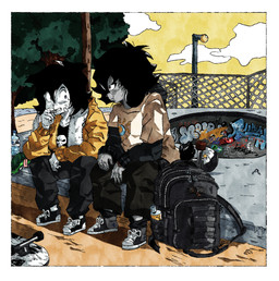 anthro backpack black_bottomwear black_clothing black_hair black_pants border bottle bottomwear clock clothing container duo footwear graffiti grey_body hair hoodie jacket male pants shirt shoes skateboard skull_shirt street_lamp topwear vehicle watch water_bottle white_border zipper binsworth kakuyamii dorky_(kakuyamii) yamaki lagomorph leporid mammal rabbit absurd_res hi_res