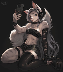 5_fingers abs alternative_fashion anthro arm_markings athletic athletic_anthro athletic_female belly belt bent_legs biceps black_background black_belt black_body black_boots black_bottomwear black_bracelet black_choker black_clothing black_footwear black_fur black_gloves black_hair black_handwear black_headphones black_jewelry black_legwear black_nail_polish black_necklace black_phone black_shorts black_stockings black_topwear blue_eyes boots bottomwear bracelet breasts cellphone choker clothing collarbone electronics facial_markings female female_anthro fingers fluffy fluffy_tail footwear forehead_markings fur gloves goth goth_boots grey_belly grey_body grey_face grey_fur grey_hair grey_inner_ear_fluff grey_legs grey_tail hair hand_on_leg handwear head_markings headphones inner_ear_fluff jewelry kneeling leather leather_bottomwear leather_clothing leather_shoes leather_shorts leather_topwear legwear light lips long_hair long_nails long_tail looking_at_viewer makeup markings medium_breasts navel necklace object_in_hand phone piercing pink_inner_ear platform_footwear pose raised_arm selfie shoes shorts shoulder_markings simple_background sitting sitting_on_ground smartphone smile solo stockings straight_hair striped_body striped_fur striped_hands striped_legs stripes tail teeth topwear torn_clothing torn_gloves torn_handwear tuft wide_hips whitebaloo apple_inc. iphone domestic_cat felid feline felis maine_coon mammal absurd_res full-length_portrait hi_res pinup portrait